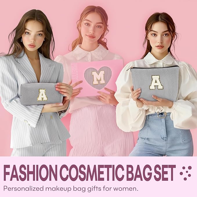 2 PCS Initial Makeup Bags for Women: Cosmetic Bag for Travel Toiletry - Birthday Gifts for 11 12 13 14 15 16 17 18 Years Old Girl Graduation Teacher Gift- Teen Girl Gifts Trendy Stuff - Black S
