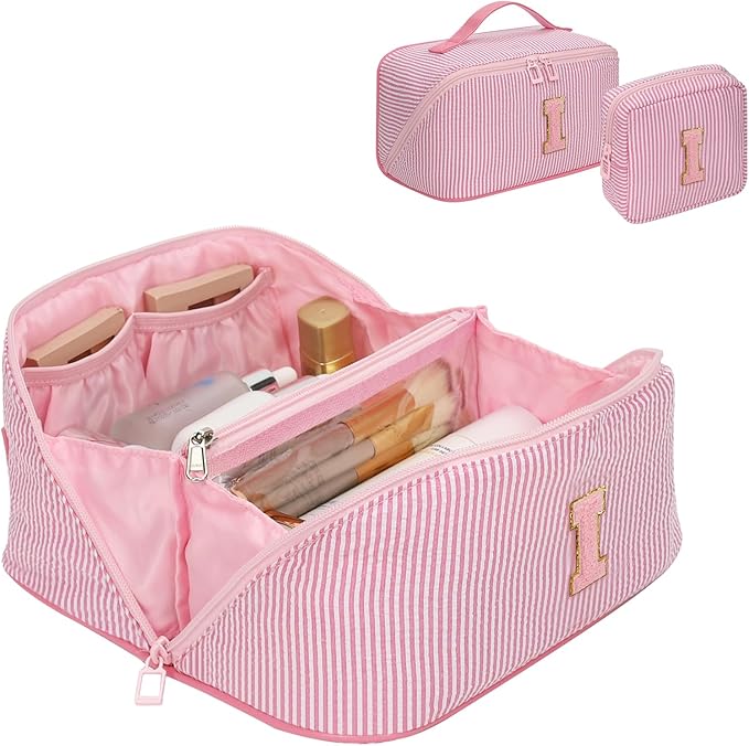 Travel Makeup Bag for Women, 2Pcs Portable Personalized Initial Makeup Organizer Bag, Open Flat Large Cosmetic Bag With Travel Essential Pouch (Pink Letter I)