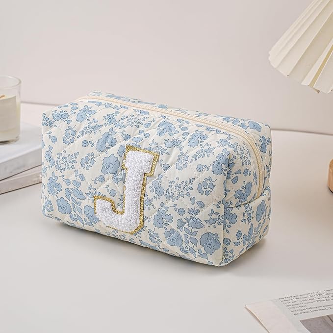 JOVAKIT Alphabet Makeup Bag Cosmetic Bag for Women, Christmas Gifts for Girls Age 6-18, Floral Flowers Coquette Travel Toiletry Zipper Make Up Pouch Organizer Trendy Stuff (2Pcs Blue Floral J)