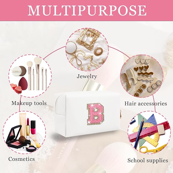 Personalized Initial Letter Makeup Bag, Preppy Glitter Letter Patch Cosmetic Pouch Zipper,PU Waterproof Travel Toiletry Bag Cute Makeup Organizer Monogrammed Make Up Bag,Gift for Women Girls(Letter B)