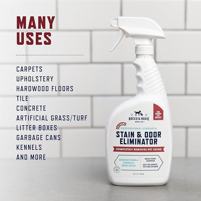 Rocco & Roxie Extreme Stain & Odor Eliminator for Strong Odor, Pet Urine Enzyme Cleaner Destroyer, Stain Remover, Dog Poop and Cat Pee, Enzymatic Carpet Cleaner Spray for Home, Puppy Potty Training