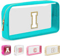 Small Clear Personalized Initial Makeup Bag,Nylon Preppy A-Z Chenille Letter Patch Cosmetic Pouch Beach Toiletry Bag,Waterproof Zipper Travel Purse Storage Bag Organizer for Women Girls(Cyan-White I)