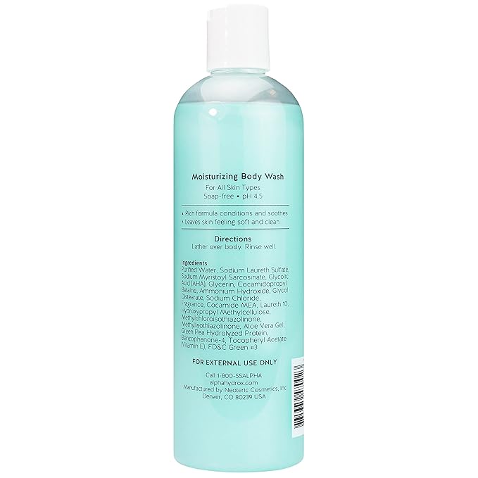 Alpha Skin Care Moisturizing Body Wash, Gentle Soap-Free Anti-Aging Formula, Glycolic AHA, Vitamin E & Aloe Vera, Conditions & Soothes, All Skin Types Hydroxy Acid, 12 Oz
