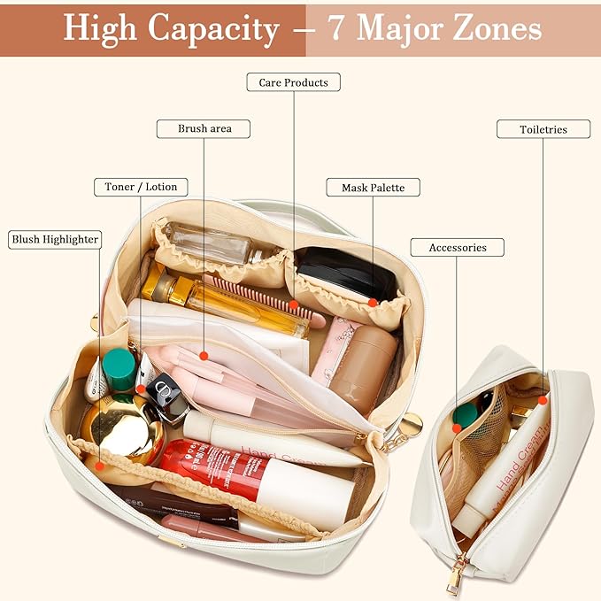 Birthday Gifts for Women Teen Girl, Personalized Initial Makeup Organizer Bag Set, Open Flat Travel Cosmetic Bag With Clear Divider and Handle(Beige,K)