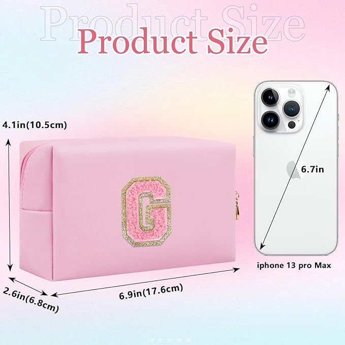 Small Personalized Glitter Initial Letter Makeup Bag, Cute PU Leather Chenille Letters Cosmetic Bag Travel Makeup Pouch, Preppy Travel Organizer Zipper Pouch for Women&Girls（PinkPink-G）