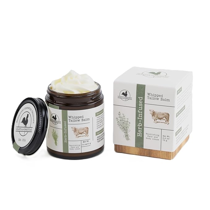 Hearth and Homestead: Handmade Whipped Tallow Balm (Herb-Infused/Unscented) - Large Jar - 2.6 oz