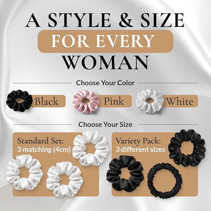 100% Pure 22 Momme Mulberry Silk Scrunchies (Set of 3) | Highest grade (6A) Luxury Hair Ties| (Black,White,Pink) | (White, Standard/Small/Skinny)
