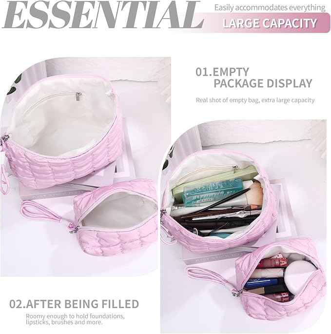 Richeart Makeup Bag Travel Toiletry Bag - Checkered Down Cotton Makeup Pouch for Women with Cosmetic and Pencil, Aesthetic Pink Design, Large