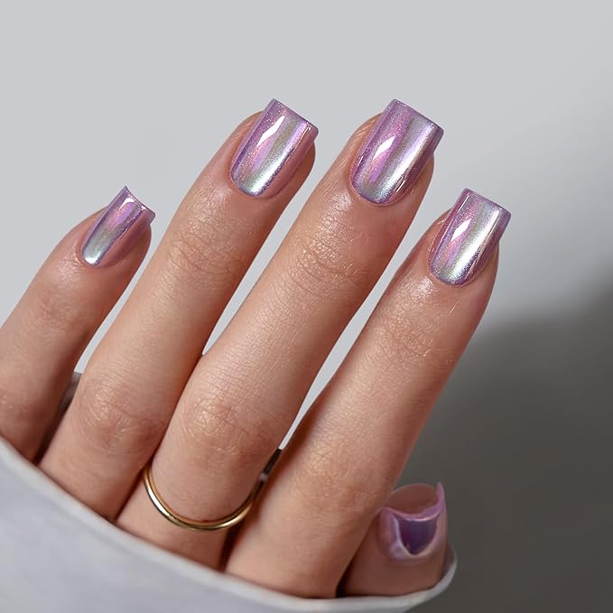 BTArtbox Press On Nails Short - Chrome Cat Eye Square Press On Nails with Glue for Women, Opaque Soft Gel Glue On Nails in 16 Sizes - 32 Stick On Nails Kit, Glass Ocean