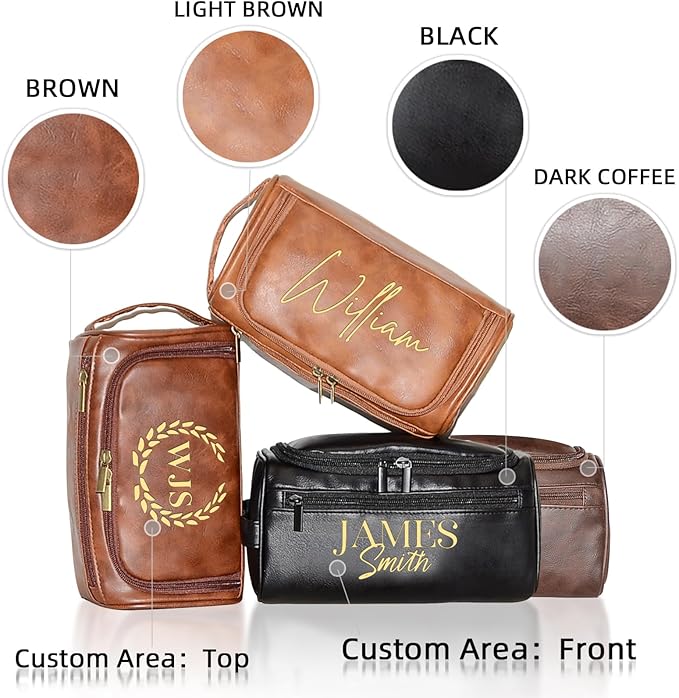 Personalized Toiletry Bag for Men, Engraved Name Initials Toiletry Bag, Customized Monogram Travel Shaving Dopp Kit for Groomsmen, Gift for Christmas, Birthday, Dad, Husband, Grandpa (Dark Coffee)