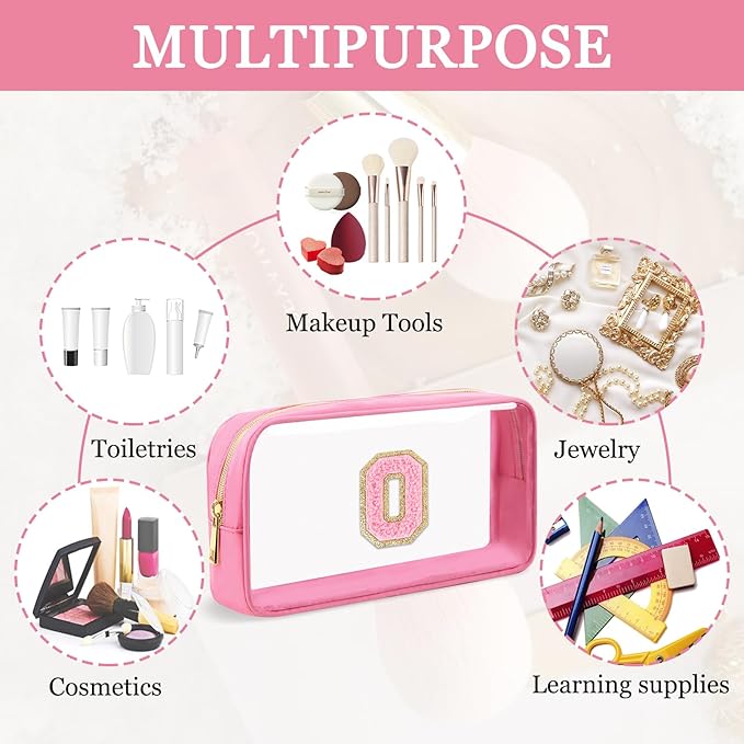 Small Clear Personalized Initial Makeup Bag, Preppy Nylon A-Z Chenille Letter Patch Makeup Organizer TSA Approved Travel Toiletry Bag,Waterproof Zip Beach Cosmetic Pouch Purse for Women(Pink-Pink O)