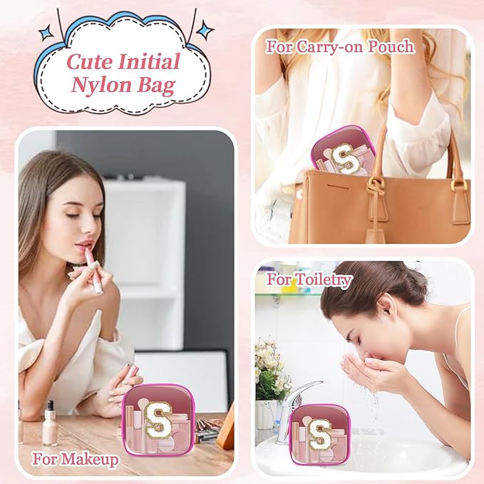 Mini Clear Personalized Initial Makeup Bag,Nylon Preppy A-Z Chenille Letter Patch Zipper Cosmetic Bag, Small Cute Beach Pouch Travel Purse Sanitary Napkin Storage Bag for Women Girls(Hot Pink-White S)