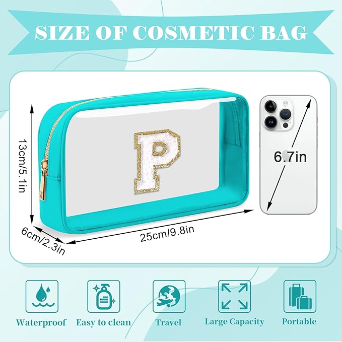 Personalized Initial Letter Clear Makeup Bag,Preppy Small Nylon&PVC Cosmetic Zipper Bag with Chenille Letter,Portable Beach Travel Skincare Toiletry Bag,Trendy Monogram Gift for Teen Girls Women,P