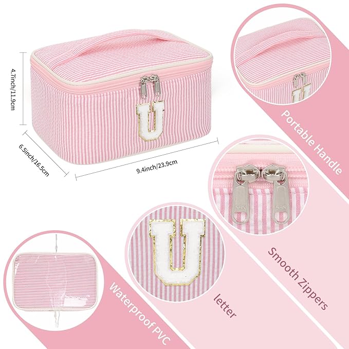 OCHEAL Makeup Bag for Women, Monogram Cosmetic Bag with Brush Holder, Pink Travel Makeup Case Beauty Toiletry Bag Organizer Personalized Gifts for Girls Bridesmaid, Sister, Wife, Friends Initial U