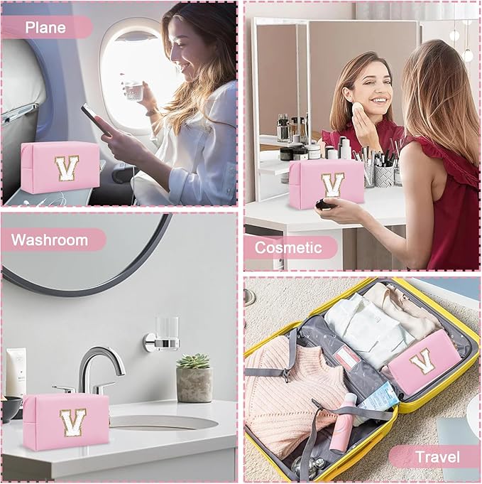 Personalized Initial Preppy Patch Makeup Bag, Travel Toiletry Zipper Pouch Cute Pink Cosmetic Organizer Small Makeup Bag for Purse, PU Leather Make Up Storage Valentines Day Gift for Women(Letter V)
