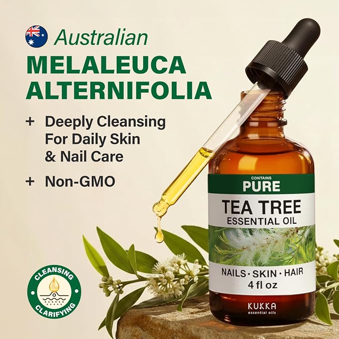 KUKKA Tea Tree Essential Oils - 4 Fl Oz - for Hair, Skin, Diffuser, Aromatherapy & DIY Soap Making Scent