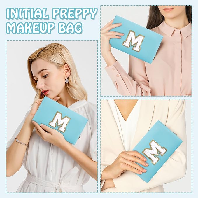 Small Travel Initial Preppy Makeup Bag, Personalized Cute Blue Cosmetic Organizer Chenille Letter Travel Toiltery Zipper Pouch, Waterproof PU Make Up Case Storage Mothers Day Gifts for Mom(Letter M)