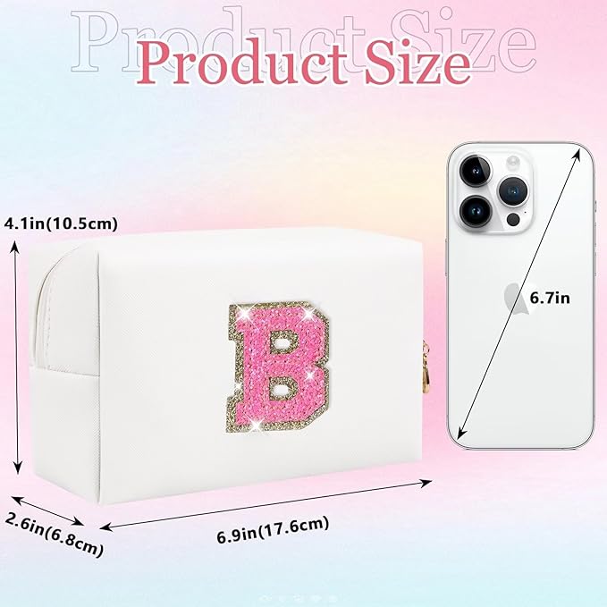 Small Personalized Glitter Initial Letter Makeup Bag, Cute PU Leather Chenille Letters Cosmetic Bag Travel Makeup Pouch, Preppy Travel Organizer Zipper Pouch for Women&Girls（WhiteRosePink-B）