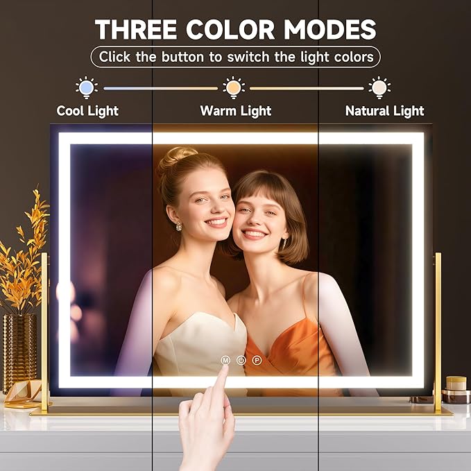 Hasipu Vanity Mirror with Lights, 23.6" x 18.1" LED Makeup Mirror, Light up Mirror with 10X Magnification, USB Charging Port, Smart Touch 3 Colors Dimmable, 360° Rotation (Gold)