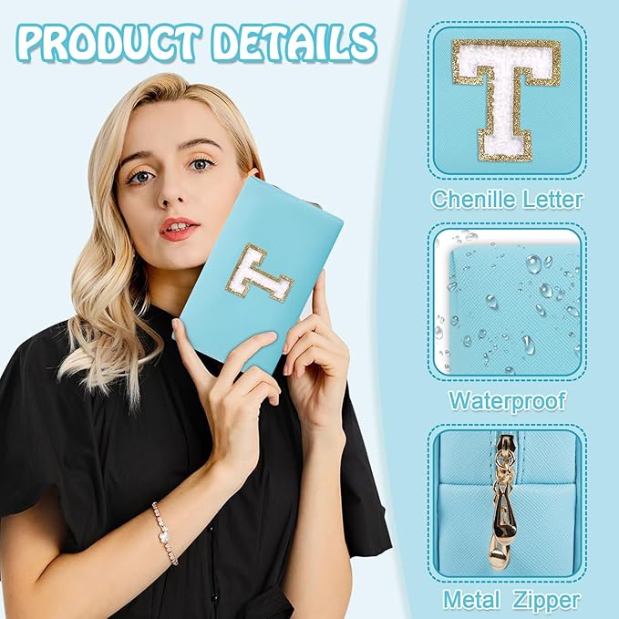 Personalized Small Travel Preppy Makeup Bag, Chenille Letter Blue Cute Makeup Case Initial Cosmetic Pouch Toiletry Organizer, PU Leather Waterproof Makeup Storage Teacher Appreciation Gifts(Letter T)