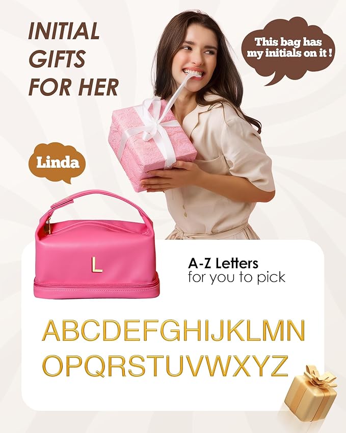 Gifts for Teen Girls 16-18, Personalized Makeup Bag with Handle, Initial Double Layer Cosmetic Bag with Makeup Brush Organizer, Cute Cosmetic Pouch for Women, Gifts for Friends Female Mom