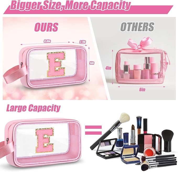 Initial Makeup Bag,Letter E Cute Clear Monogrammed Cosmetic Travel Bag for Womens Girls,Personalized Pink Aesthetic Traveling Make Up Organizer Bag for Beach,Waterproof Toiletry Bag