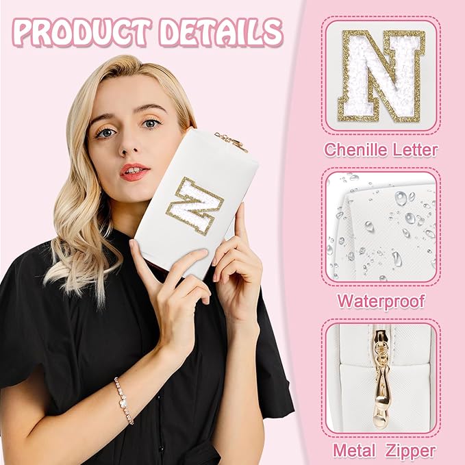 Chenille Letter Personalized Initial Preppy Makeup Bag, Small Travel Cute White Cosmetic Zipper Pouch Toiletry Bags, Waterproof PU Monogram Make Up Organizer Gift for Nieces Mom Teacher(Letter N)