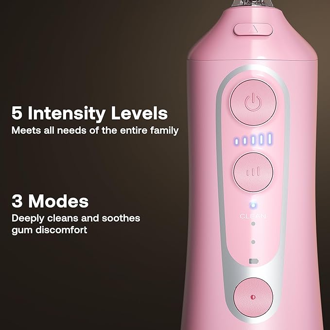 Bitvae C6 Water Dental Flosser Teeth Picks, Portable Cordless Oral Irrigator, IPX7 Waterproof Braces Flossers Cleaner, 5 intensities 6 Jet Tips, Rechargeable Water Dental Picks for Cleaning, Pink