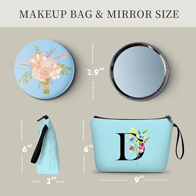 Women Birthday Maid of Honor Monogrammed Gifts for Bride Bridesmaid Sister Friend Her Teacher Makeup Cosmetic Bag with Mirror Mothers Day Christmas Graduation D