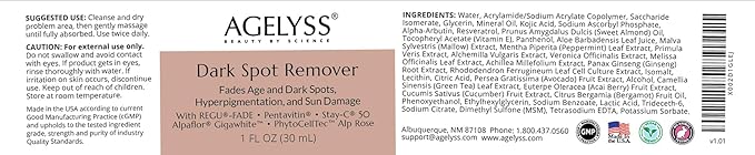 Agelyss Dark Spot Remover – Brightening Serum – Fades Appearance of Dark Spots, Evens Skin Texture, Hydrating & Nourishing – Paraben-Free, Vegan, Cruelty-Free – 1 FL OZ - Pack of 6