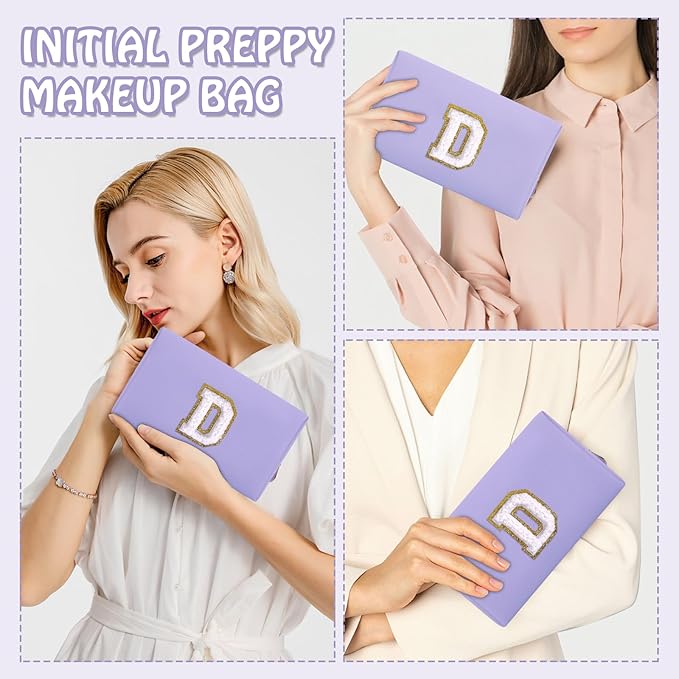 Personalized Chenille Letter Preppy Makeup Bag, Mini Cute Purple Initial Cosmetic Bags Travel Toiletry Zipper Pouch Makeup Storage, Waterproof Make Up Case Travel Essentials for Women Female(Letter D)
