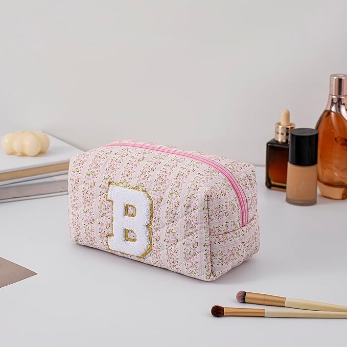 JOVAKIT Makeup Bag Cosmetic Bags for Women, Christmas Gifts for Girls Age 6-18, Alphabet Pink Floral Coquette Zipper Travel Makeup Pouch, Organizer Case Trendy Stuff (Pink Floral B)