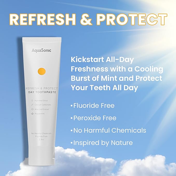 AquaSonic Complete Care Toothpaste - Refresh & Protect Day, Repair & Whiten Night - Fluoride Free Natural, Anti-cavity, Anti-plaque, Reharden, Strengthen, Whiten, Detoxify