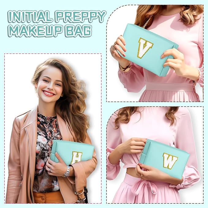 TOPEAST Preppy Stuff for Girls, Initial Makeup Bag Chenille Letter Pouch Cosmetic Bag with Zipper, PU Leather Waterproof Toiletry Bag, Cute Stuff Birthday Gift for Friends Sister (Blue T)
