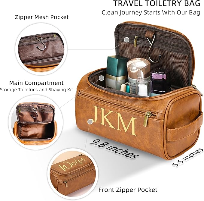 Personalized Toiletry Bag for Men, Engraved Name Initials Toiletry Bag, Customized Monogram Travel Shaving Dopp Kit for Groomsmen, Gift for Christmas, Birthday, Dad, Husband, Grandpa (Brown)