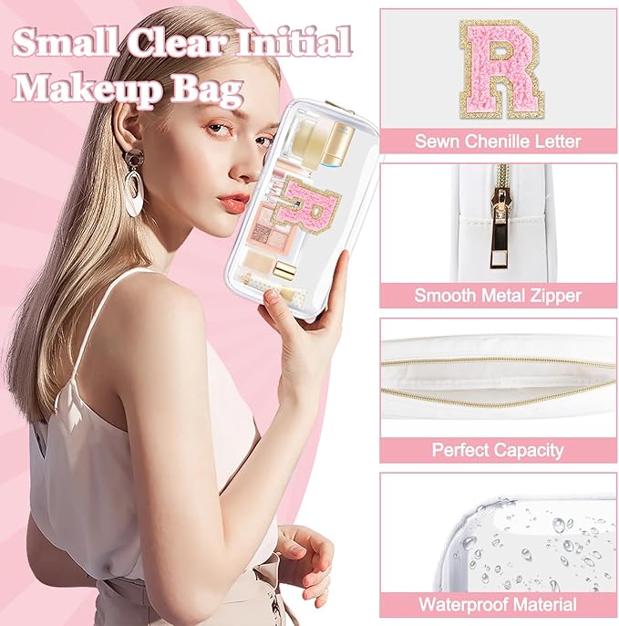 Small Clear Personalized Initial Makeup Bag,Nylon Preppy A-Z Chenille Letter Patch Cosmetic Pouch Beach Toiletry Bag,Waterproof Zipper Travel Purse Storage Bag Organizer for Women Girls(White-Pink R)