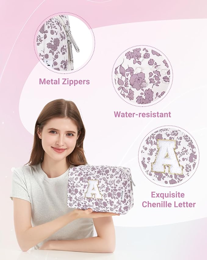 Narwey Christmas Gifts for Teen Girls Kids Women Personalized Initial Floral Makeup Bag Cute Cosmetic Trendy Stuff 6 8 10 11 12 13 14 16 18 Years Old Travel Toiletry Bag (Little Dusty Pink Flower A)