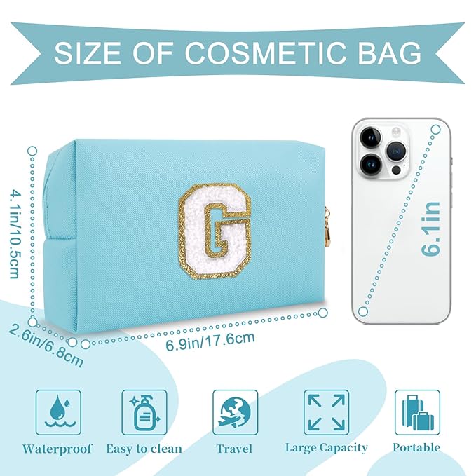 Small Personalized Initial A-Z Preppy Patch Makeup Bag,PU Chenille Letter Travel Cosmetic Pouch with Zipper,Blue Cute Toiletry Bag,Gift Ideal for Teen Girls Women Teacher Bridesmaid,Letter G