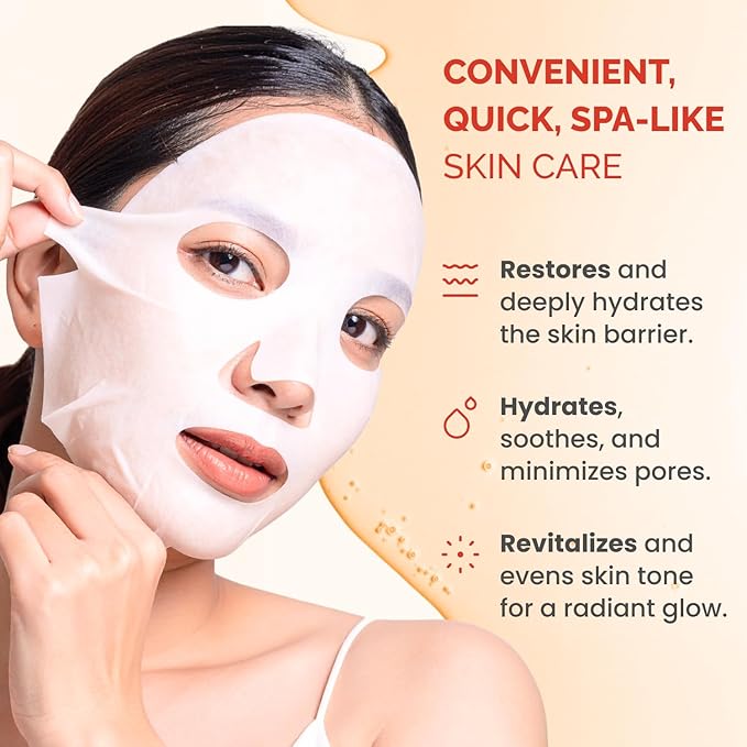 PLANTIFIQUE Facial Sheet Mask Vitamin C Glow 5 Pack – Rejuvenating & Glowing Face Mask Sheets Pack with Peach & Vitamin C – Korean Skincare for Dull Skin
