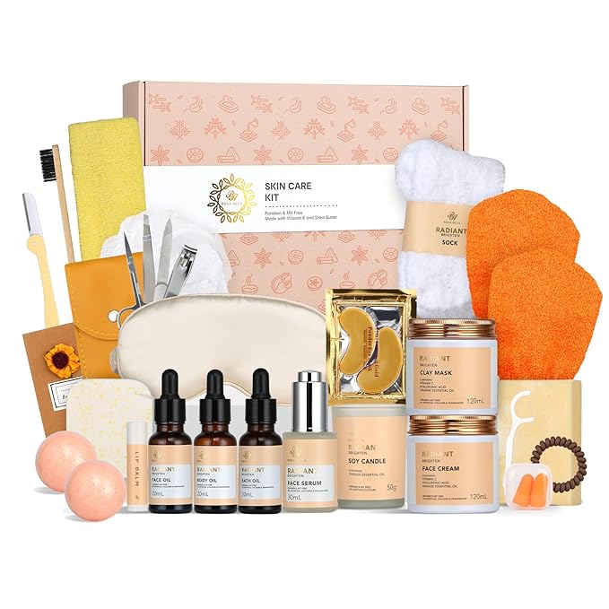 Skin Care Set for Women & Men, 28pcs Facial Kit at Home, Self Care Pamper Set, Birthday Gifts, Orange Spa Gift Baskets for Women, Serum, Face Cream, Bath Oil, Bath Bomb, Mothers Day, Christmas, Dad