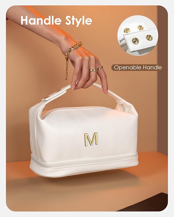 Makeup Bag with Handle, Waterproof Double Layer Cosmetic Bag, Large Capacity PU Leather Makeup Bags Letter Travel Toiletry Bag with Makeup Brush Organizer