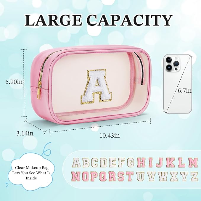 YOOLIFE Initial Travel Makeup Bag Pouch, Clear Toiletry Bag for Women Travel Accessories Cosmetic Bag Skin Care for Teen Make Up Bags Birthday Gifts for Women Unique Teacher Mom Friends Gifts Pink N