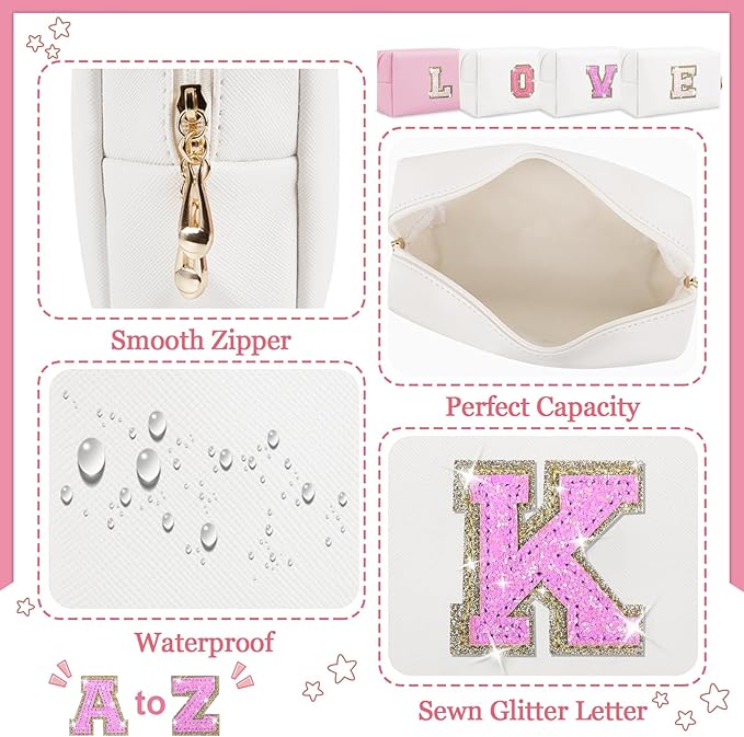 Initial Letter Patch Makeup Bag, Small Preppy A-Z Glitter Letter Cosmetic Bag, PU Leather Waterproof Travel Toiletry Bag, Cute Make Up Pouch Personalized Monogrammed Gift for Women Teen Girls
