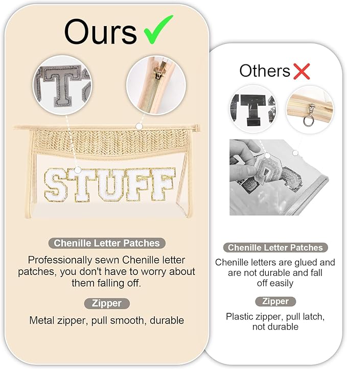 Small Boho Straw Clear Makeup Bags for Women&Girls, Zipper Cosmetic Bag Chenille Varsity Letter Patch Bag, Preppy Cute Toiletry Pouch, Trendy Organizer Storage Pouch for Beach Travel Essentials