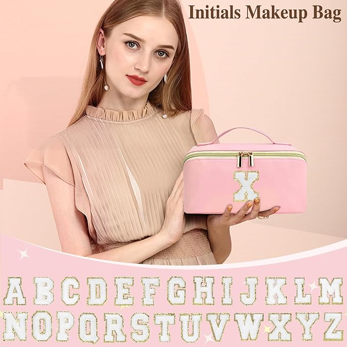 for Christmas Day Gifts, Makeup Bag for Women, PU Leather Travel Toiletry Bags, Initial Make Up Cosmetic Pouch for Teen Girls, Wide Open Portable Skincare Bag, Personalized Birthday Gifts, Pink I