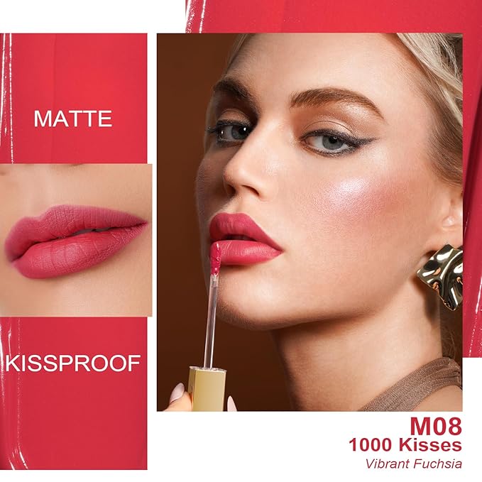 Oulac Matte Liquid Red Lipstick for Women, Long Lasting Lipstick Waterproof Lip Stain, No Transfer, Creamy High Pigmented Formula with Rose Oil, Vegan & Cruelty-Free, Light Red M08