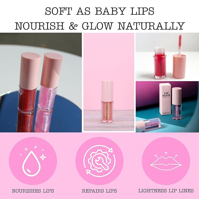 Sophia + Mabelle Hydrating Lip Oil – Lightweight, Non-Sticky & High-Shine Lip Gloss Oil – Moisturizing, Nourishing, Soothing Tinted Formula for Soft Lips – 3.7g (Cabana Service (Peach), 3.7g)