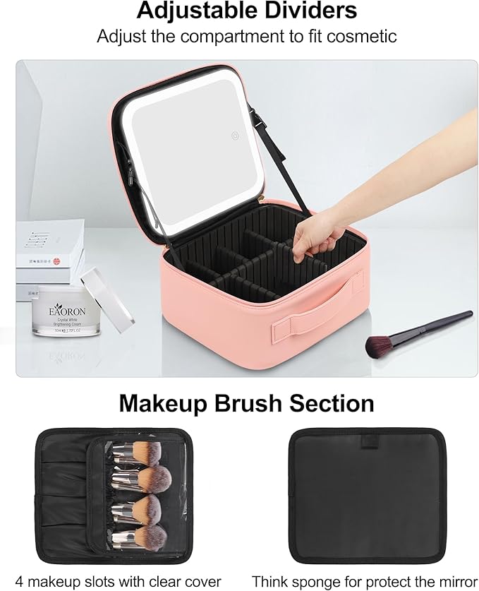 Chomeiu Makeup Bag with LED Mirror, Cute Cosmetic Bags Birthday Gifts for Girls Women, Makeup Train Case Artists Organizer Large Make Up Bags with Light Up Mirror 3 Color Lights, Pink 2