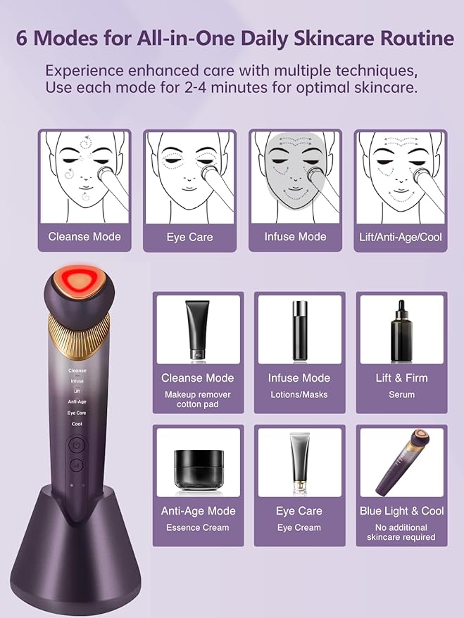 6-in-1 Age-Defying - Eye, Face & Neck Lift & Firm, 5-Color Light Therapy for Face with Microcurrent, Vibration, Heat & Cooling, Skin Care Tool for Youthful & Tightening Skin,Purple