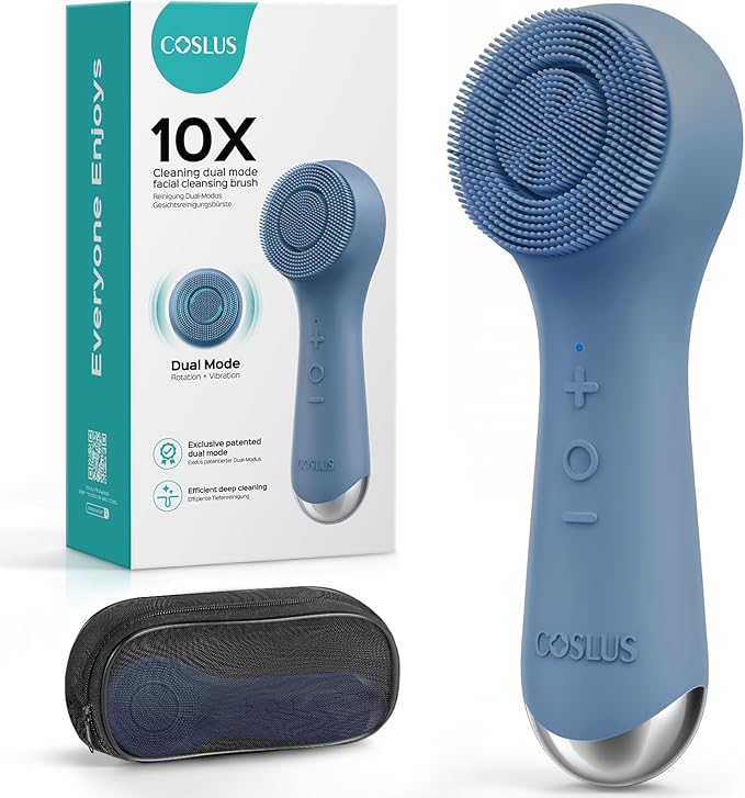 COSLUS Face Scrubber Facial Cleansing Brush: 2 in 1 Spin and Vibration Patented Tech, Silicone Electric Exfoliator Scrubber with Automatic Foaming, Waterproof Face Cleanser Brush for Men and Women